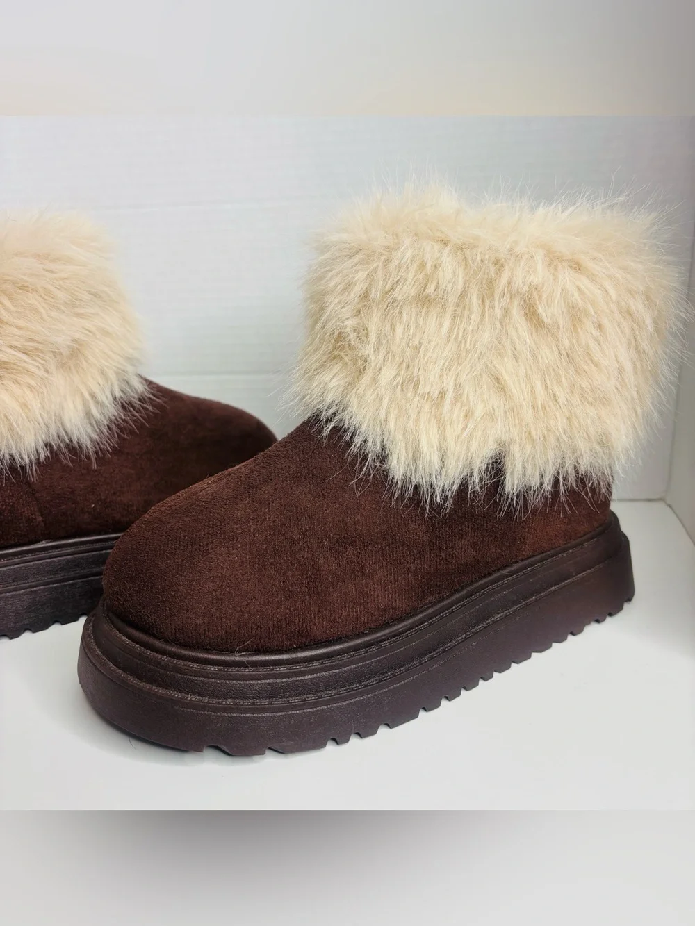 Women's Dark Brown Faux Suede Ankle Boots with Cream Faux-Fur Cuff